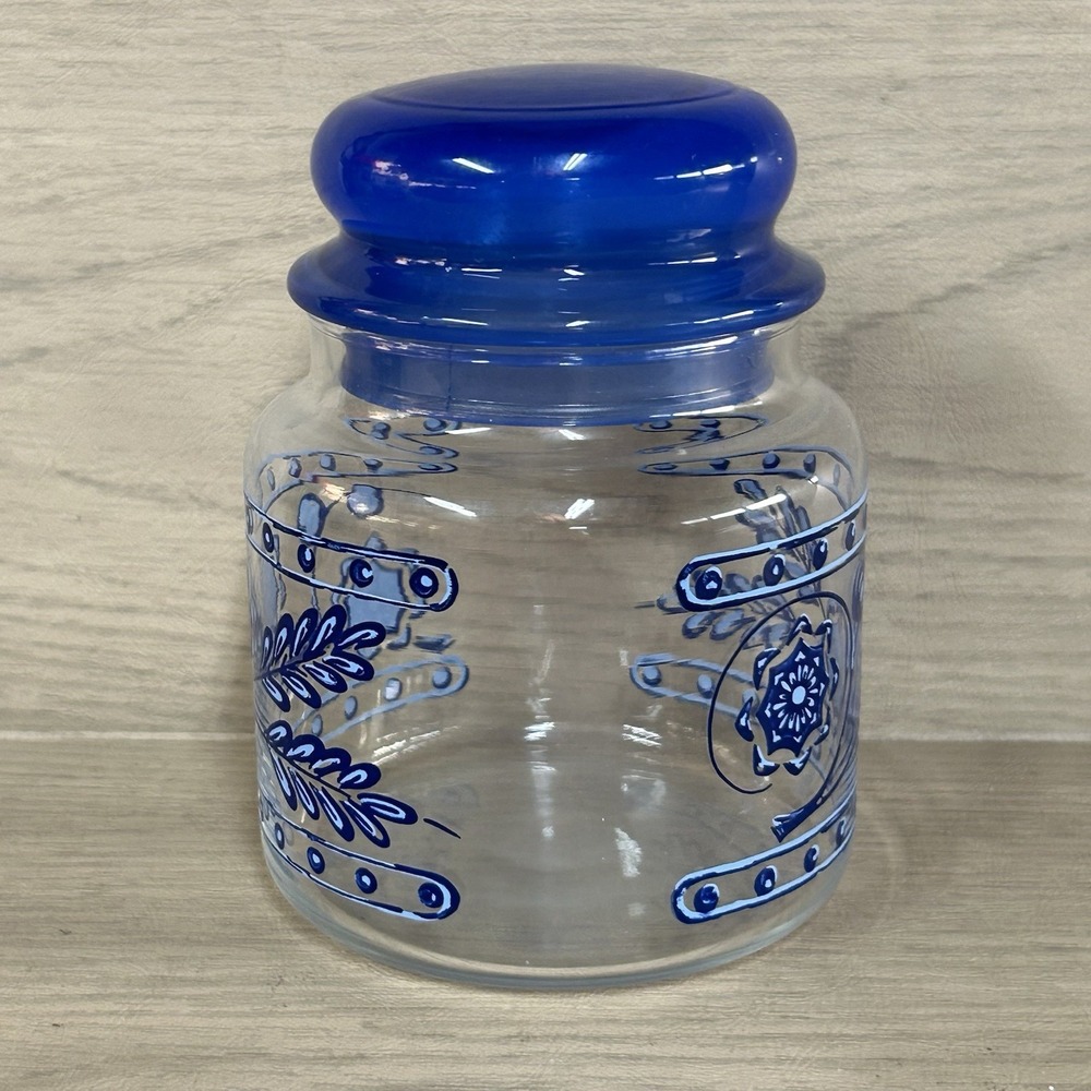 Anchor Hocking Glass Pietro Gobeo Blue Kitchen Canister Flower w Lid Small 5.5" - Picture 2 of 6